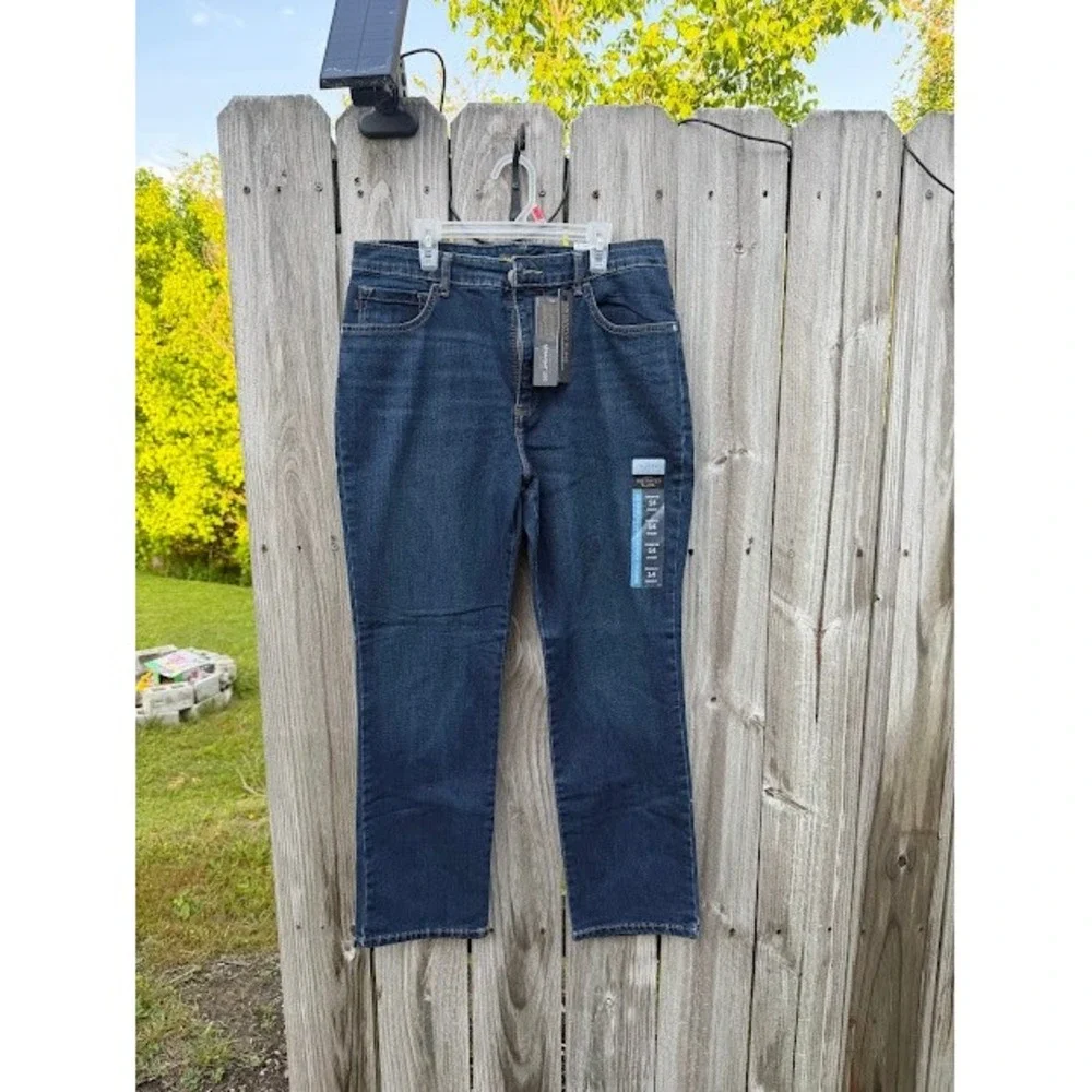 Lee Womens High Rise Relaxed Straight Leg Instantly Slims Jeans Blue 14 Short